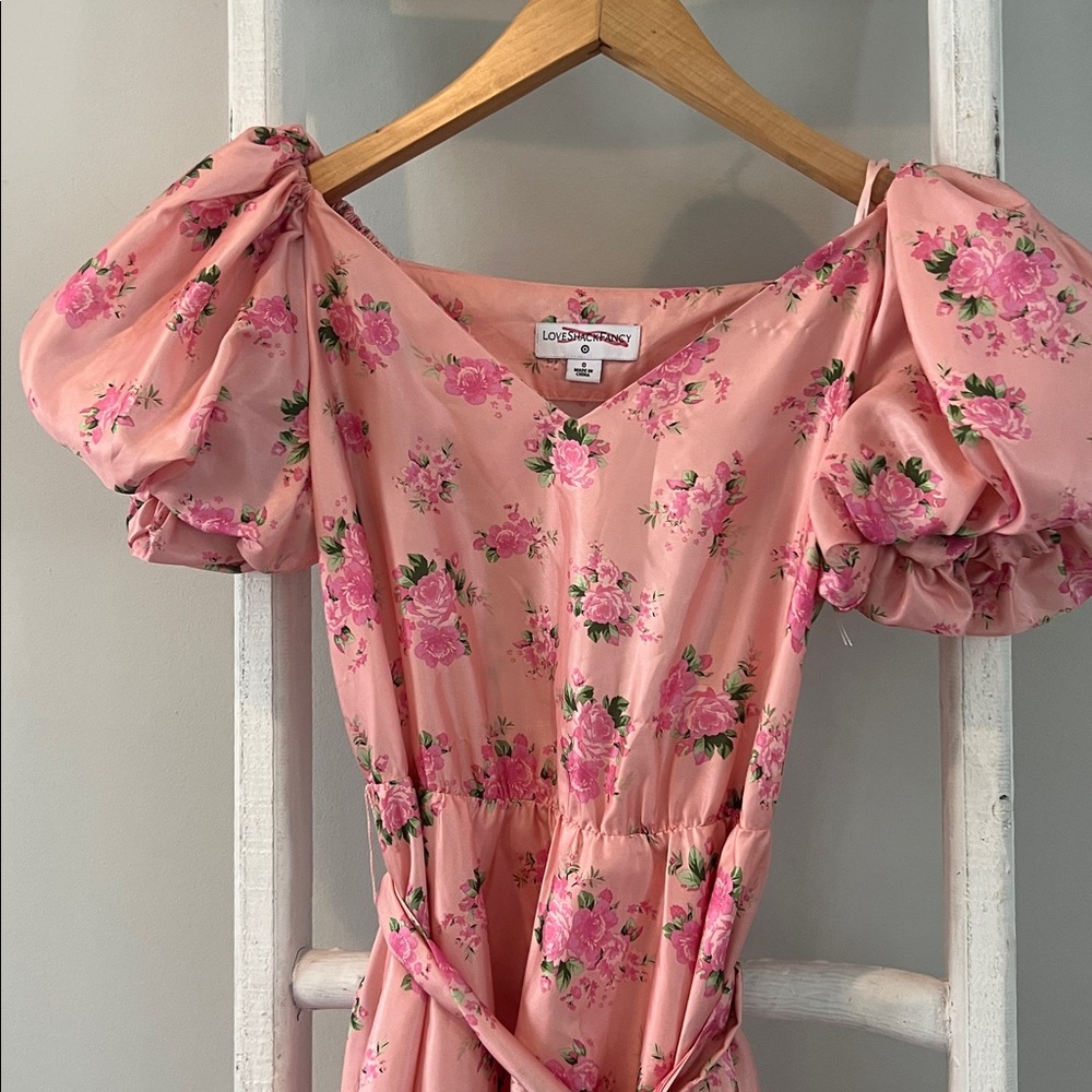 LoveShackFancy Cecile Pink Floral silky belted puff sleeve Mini Dress size 0 - Picture 4 of 10